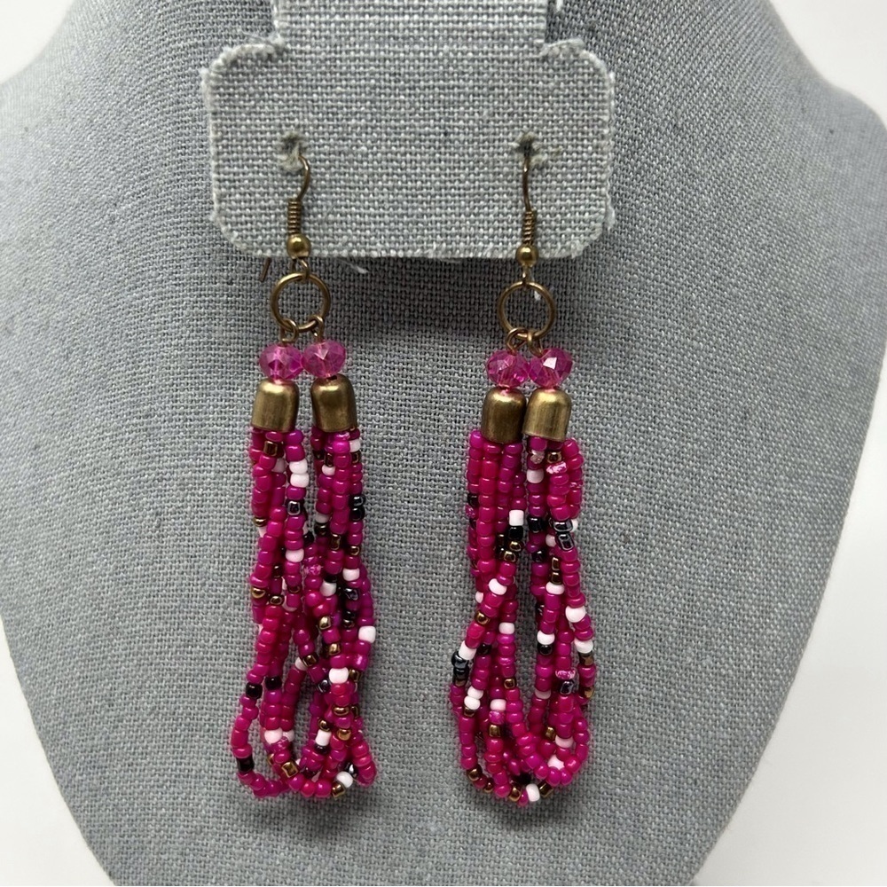 Pink Long Layered Beaded Dangle Earrings